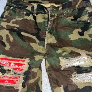 Camouflage Distressed Jeans with Red and Silver Accents